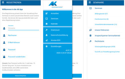 Screenshots einzelner Seiten der Arbeitskammer-App