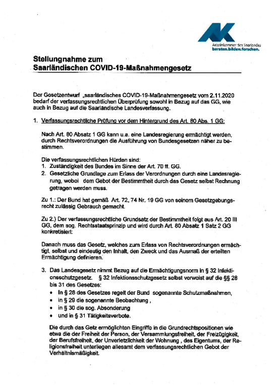 Stellungnahme der Arbeitskammer vom 18. November 2020 - Stellungnahme zum Saarländischen Covid19-Maßnahmengesetz vom 2. Novemer 2020 