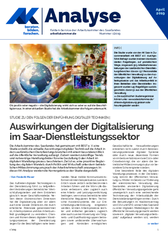 Auswirkungen der Digitalisierung im Saar-Dienstleistungssektor - Studie zu den Folgen der Einführung Digitaler Techniken (Ausgabe 1 / April 2019)