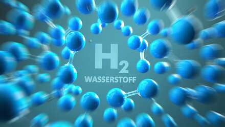 Adobe Stock Foto: Schriftzug H2 Wasserstoff und Darstellung von Melokülen, blauer Hintergrund