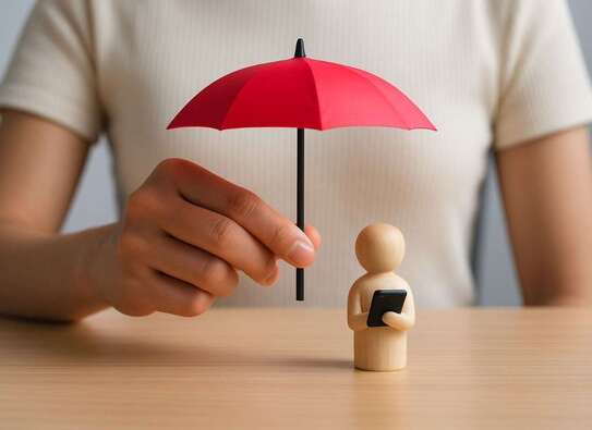 Eine Person hält einen roten Regenschirm über dein Holzfigur, die einen Laptop im Arm hält