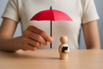 Frau hält roten Schirm über Holzfigur die einen Laptop im Arm hält