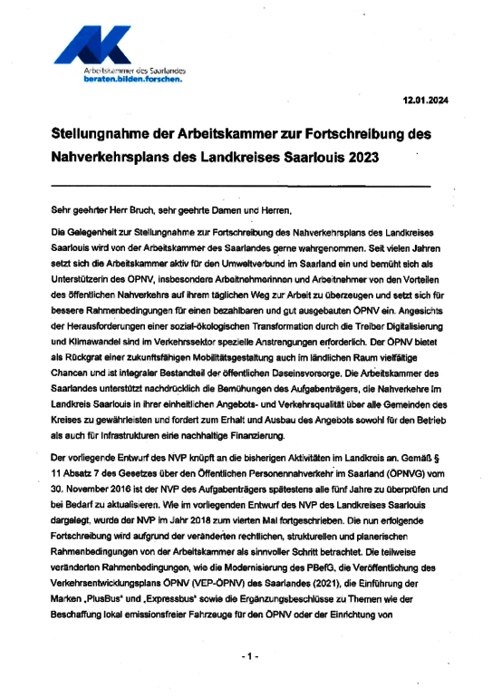 Stellungnahme der Arbeitskammer des Saarlandes vom 12. Januar 2024 - Fortschreibung des Nahverkehrsplans des Landkreises Saarlouis 2023