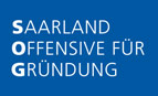 Grafik: Weißer Text auf dunkelblauem Grund, zu lesen ist 'Saarland Offensive für Gründung'