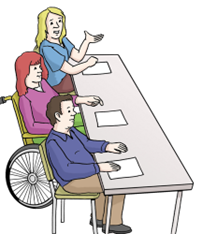 Personen mit und ohne Rollstuhl gemeinsam an einem Tisch