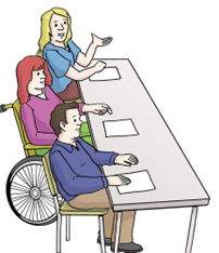 Personen mit und ohne Schwerbehinderung Personen mit und ohne Rollstuhl gemeinsam an einem Tisch