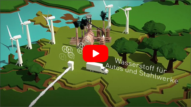 Foto: Videovorschaubild, 3D-Animierte Grafik zeigt eine gründe Landschaft mit Windrädern und Bäumen, ein weißer LKW fährt darüber